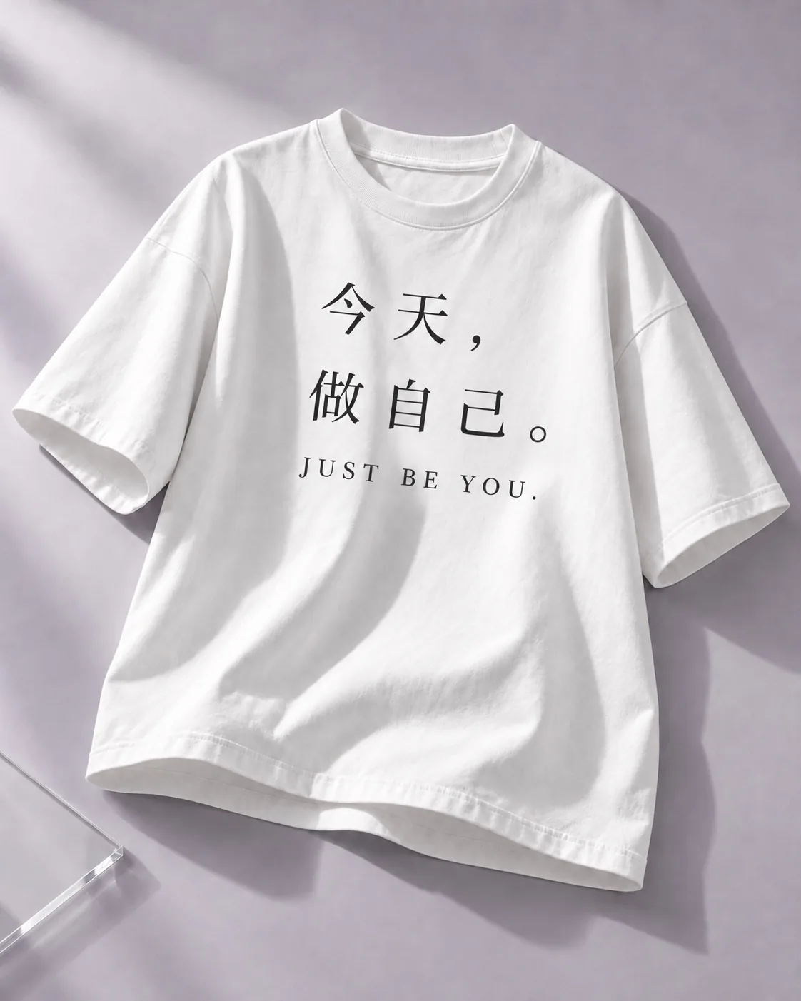 浅薰衣草摄影背景中的白色T恤，胸前印着今天做自己和JUST BE YOU