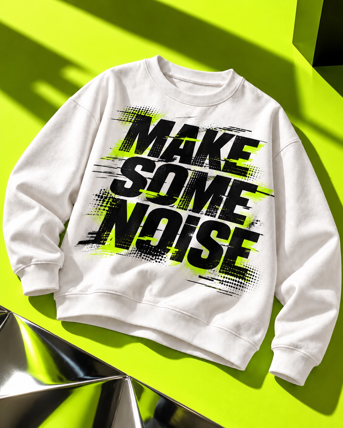 荧光绿摄影背景中的白色圆领卫衣，大幅MAKE SOME NOISE黑色故障文字印花