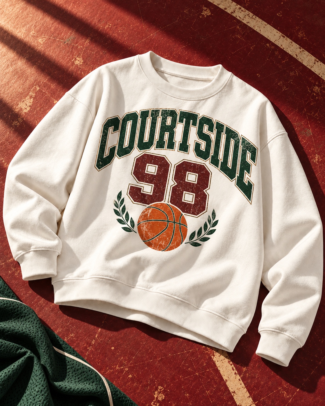 酒红摄影背景中的白色圆领卫衣，大幅COURTSIDE与98篮球学院风印花