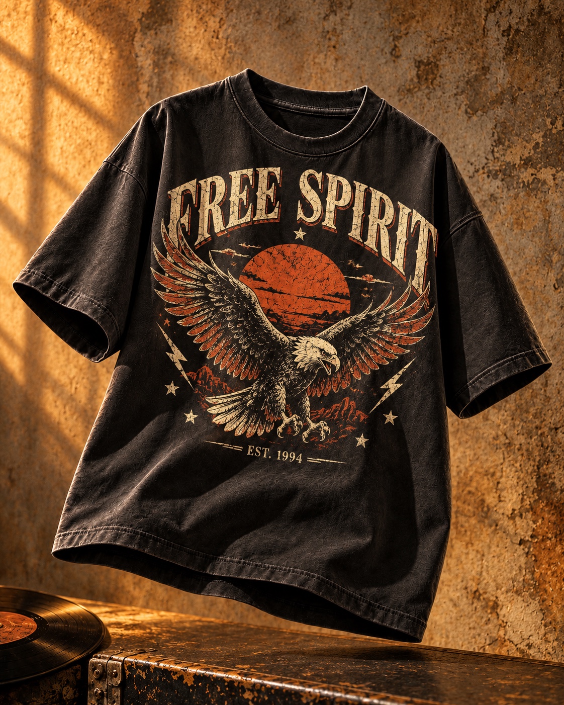 暖灰摄影背景中的黑色T恤，大幅复古鹰与FREE SPIRIT做旧印花