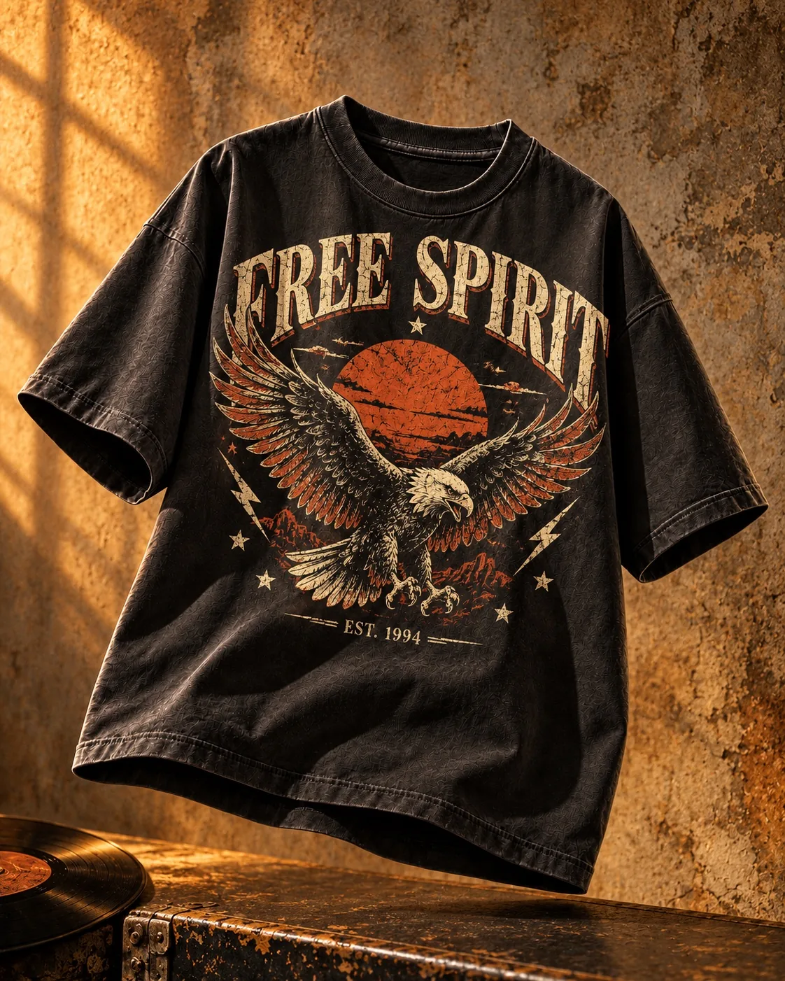 暖灰摄影背景中的黑色T恤，大幅复古鹰与FREE SPIRIT做旧印花