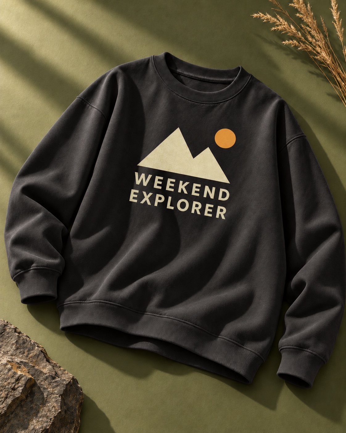 苔绿色与石板背景中的黑色圆领卫衣，印有山峰太阳与WEEKEND EXPLORER